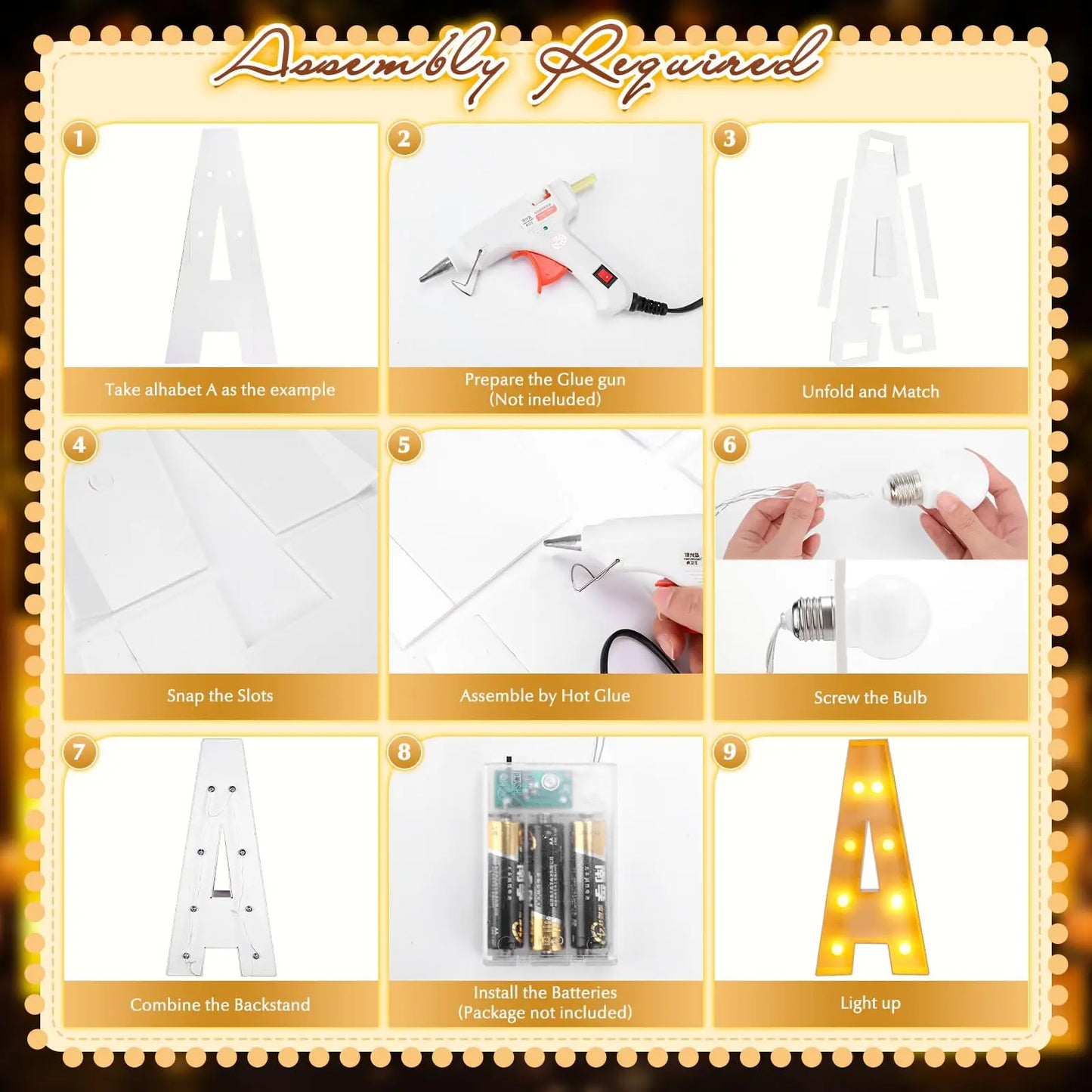 Step-by-step assembly instructions for a light-up letter. Includes preparing a glue gun, folding parts, snapping slots, using hot glue, screwing bulbs, attaching a backstand, and inserting batteries.