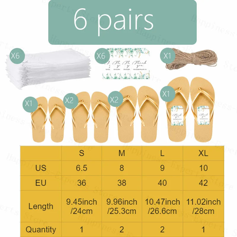 Set of 6 beige flip-flops in sizes S to XL with a sizing chart. Includes 6 white bags, 6 thank you cards, and 1 twine. Sizes range from US 6.5 to 10, EU 36 to 42.