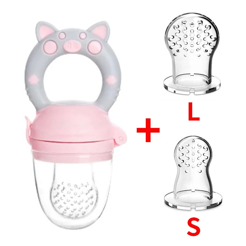 Pink and gray silicone baby feeder resembling a pig face, with two different sized clear attachments labeled L and S.
