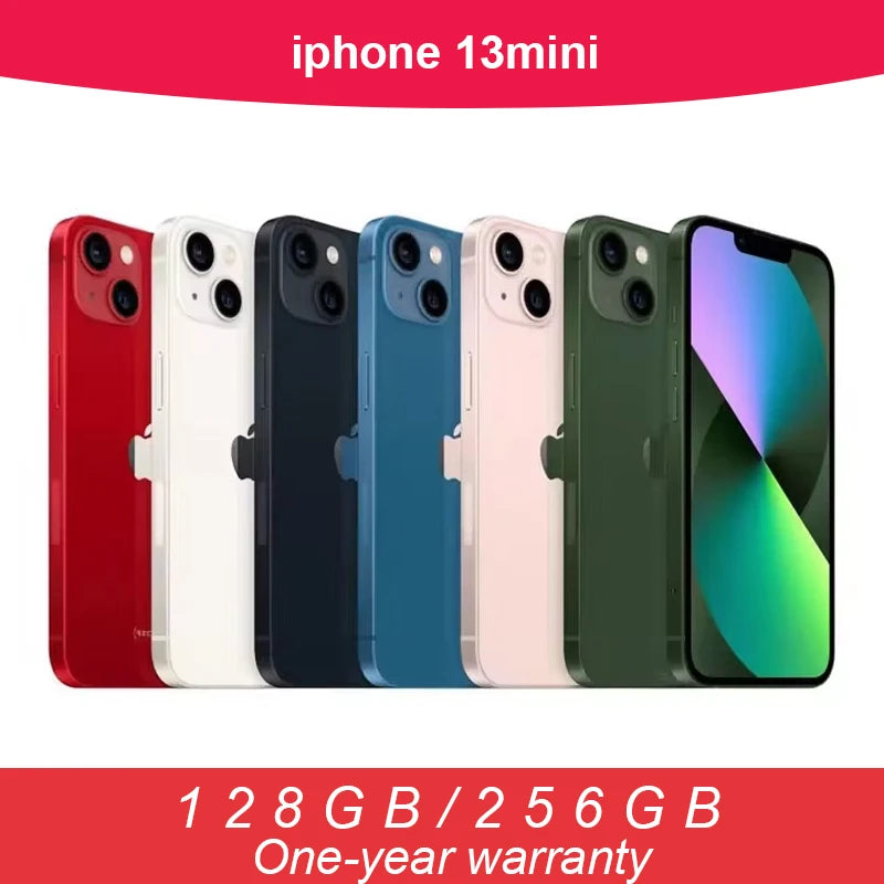 iPhone 13 Mini lineup in red, white, black, blue, pink, and green, displayed from the back and front. Available in 128GB and 256GB with a one-year warranty.
