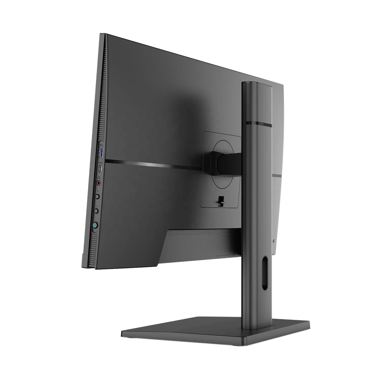 Rear view of a black monitor on a stand, showing multiple ports including USB, audio jack, and power button on the left side. The monitor has a sleek, modern design.