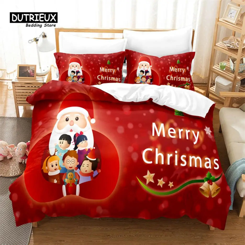 Red Christmas-themed bedding with a Santa and children illustration. "Merry Christmas" text is printed on it. The room includes a lamp, shelves, and stuffed animals by the bed.