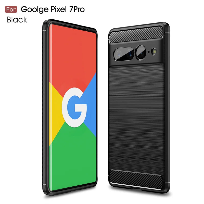 Black protective case for Google Pixel 7 Pro shown from front and back. The phone screen displays a colorful Google logo. The case has a textured surface and camera cutout.
