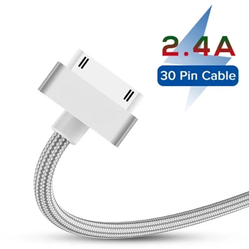 Close-up of a 30-pin charging cable with a braided design. It features a power output of 2.4A and highlights fast charging capabilities in a blue and red design.