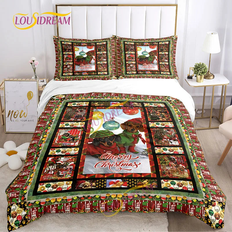 Festive Christmas bedding features dogs dressed in holiday attire surrounded by ornaments and a "Merry Christmas" message. The bed setup includes decorative pillows with matching patterns.