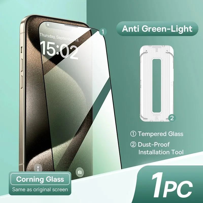 Smartphone with a tempered glass screen protector featuring anti-green-light technology. Includes a dust-proof installation tool. Text: "Corning Glass, same as original screen."
