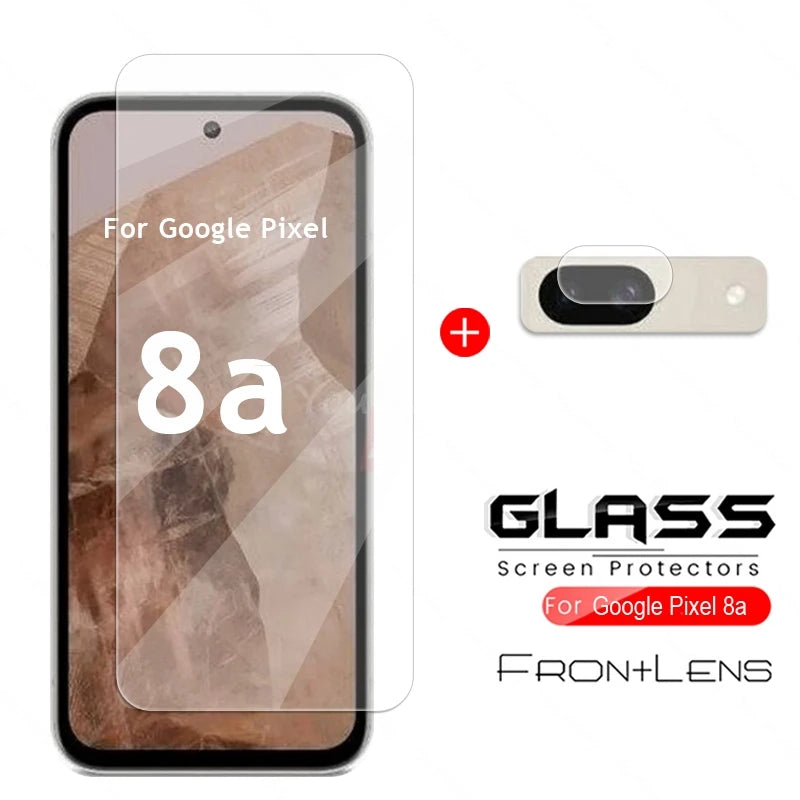 Glass screen protector and camera lens cover for Google Pixel 8a, shown with a phone display and lens cover. Text on the image: "For Google Pixel 8a, Glass Screen Protectors."