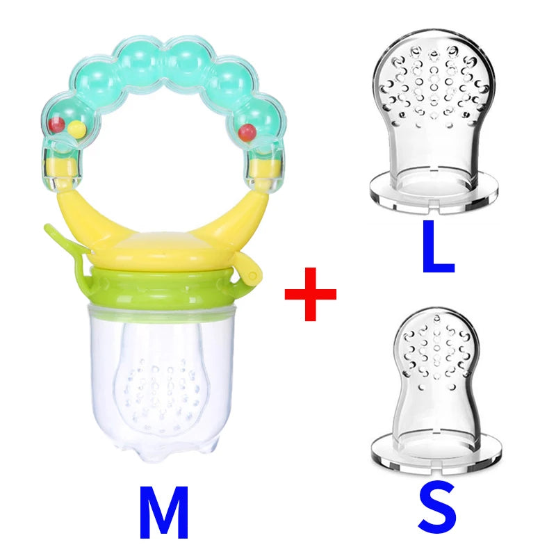 Baby fruit feeder with a blue beaded handle and yellow top, plus two silicone teats in large and small sizes. Includes text labels "M", "L", and "S" for sizes.