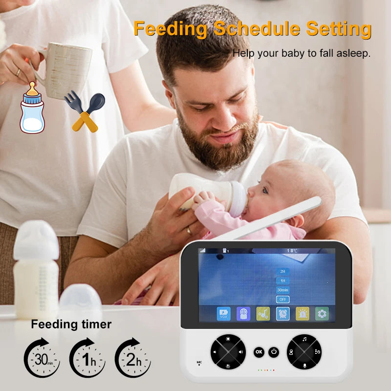 A bearded man bottle-feeds a baby, seated beside a digital device displaying feeding schedules. Text highlights "Feeding Schedule Setting" and a timer with intervals of 30 min, 1h, and 2h.
