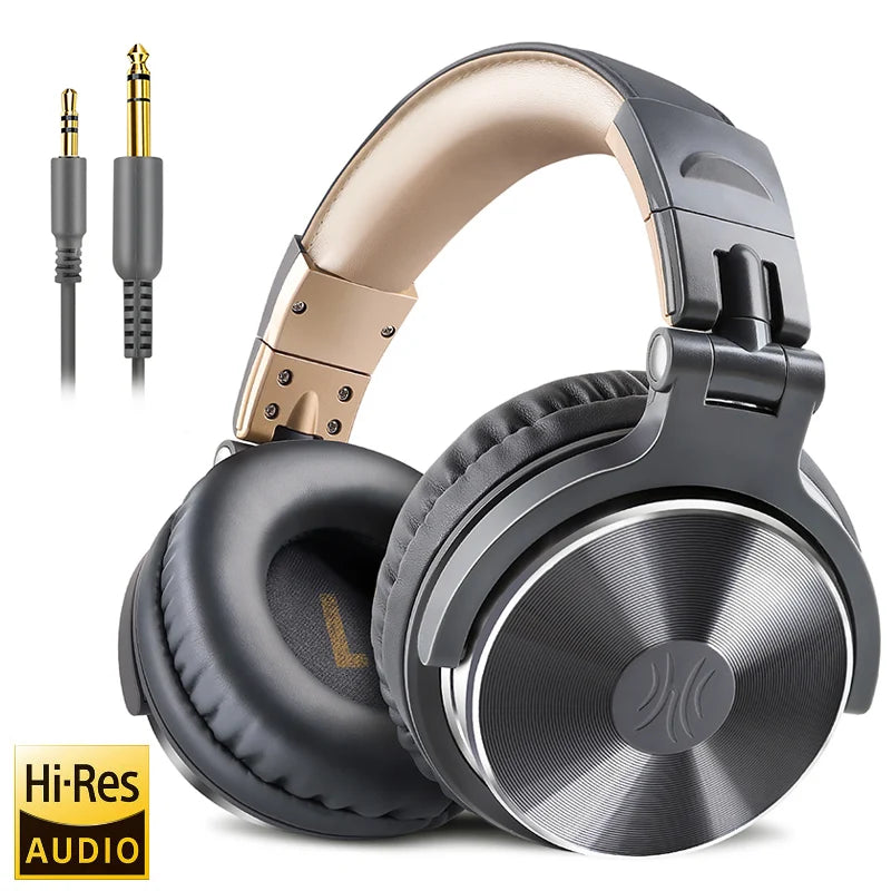 Black and silver over-ear headphones with padded ear cushions and an adjustable headband, shown alongside a detachable audio cable and a Hi-Res Audio logo.