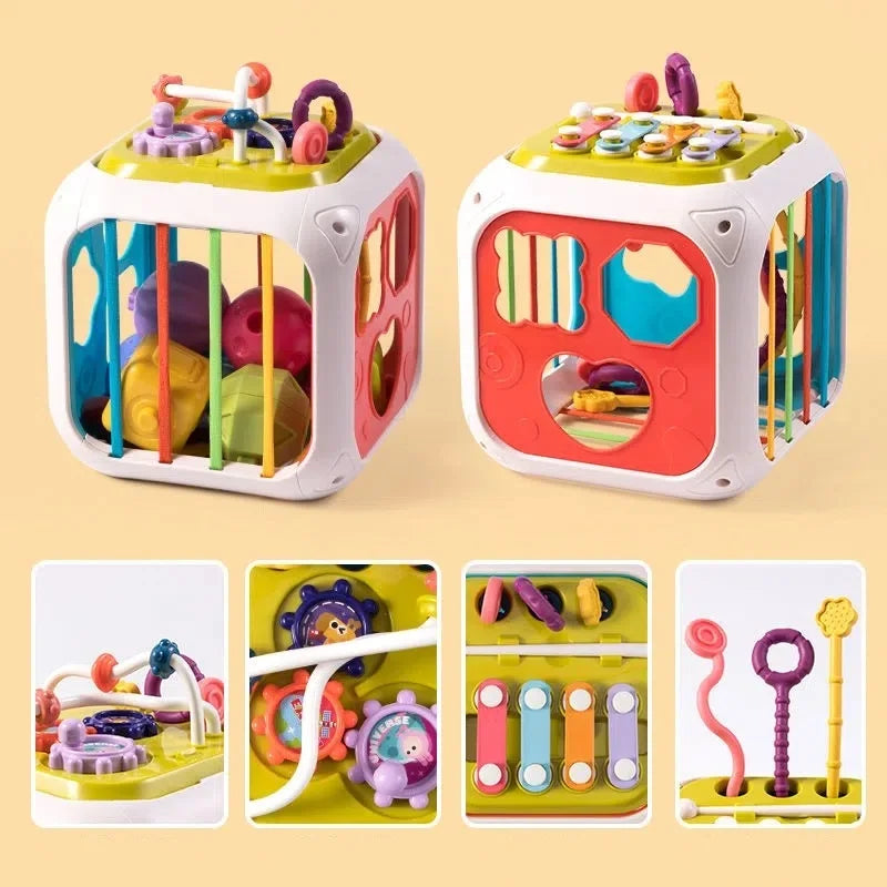 Two colorful activity cubes featuring various interactive elements like gears, a xylophone, and wires with beads. Smaller images show close-ups of the toys' interactive parts.