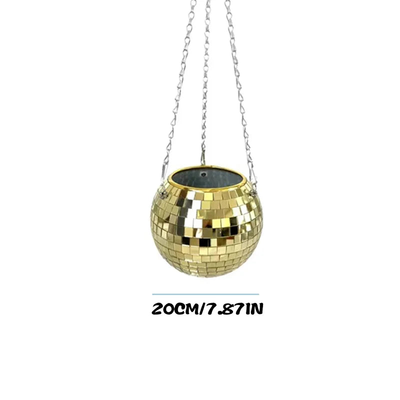 Gold disco ball planter, made of reflective tiles, hangs from a chain. Diameter noted as 20 cm or 7.87 in. Simple white background.