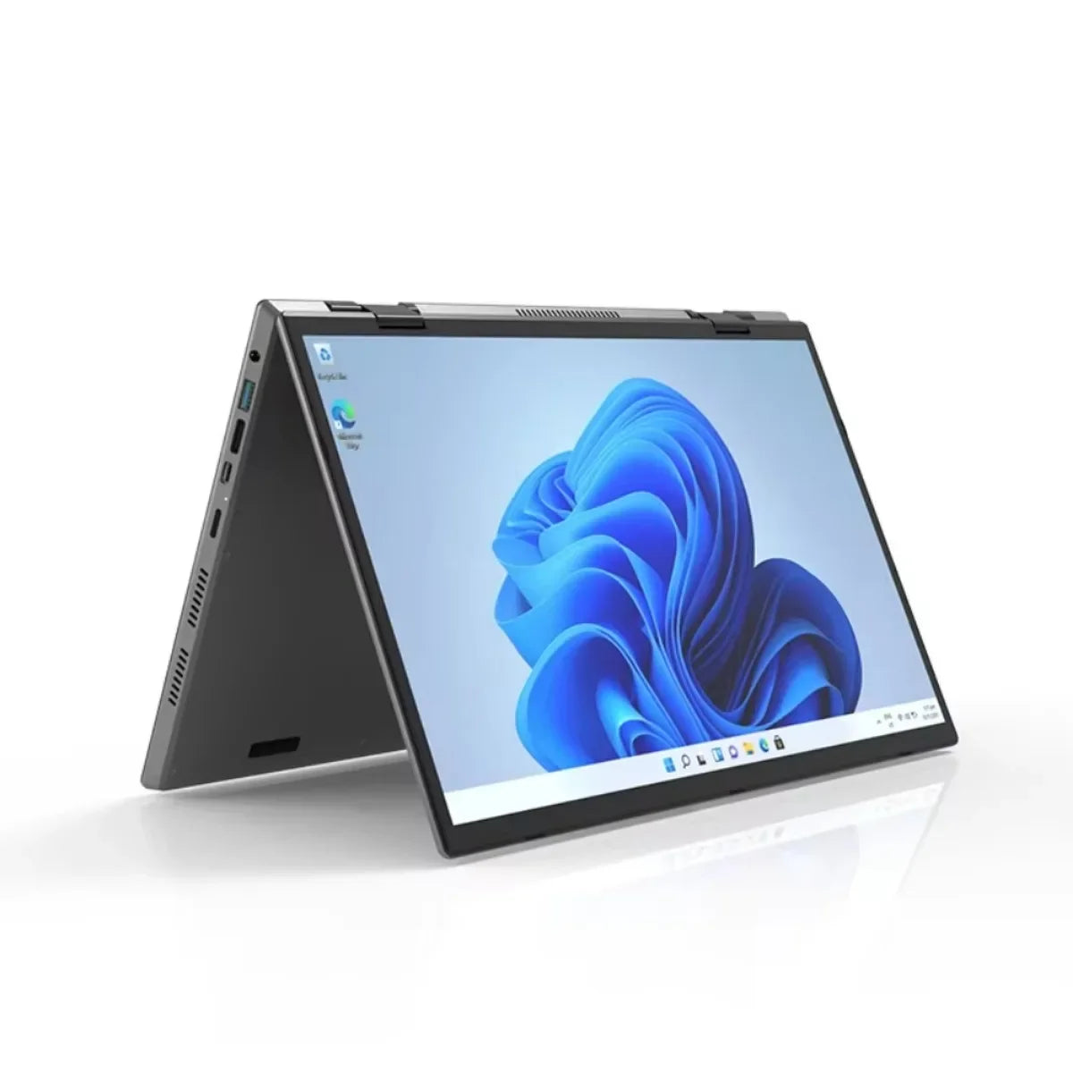 Convertible laptop in tent mode displaying a blue abstract design on its screen. The device is dark gray with multiple ports visible on the side.