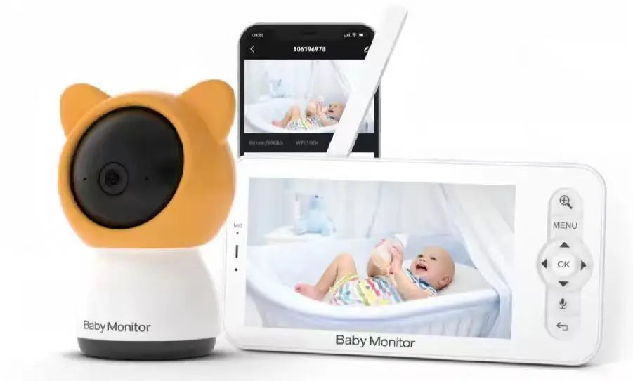 Baby monitor set with a bear-shaped camera, smartphone, and display screen showing a baby in a crib. The monitor features navigation buttons for ease of use.