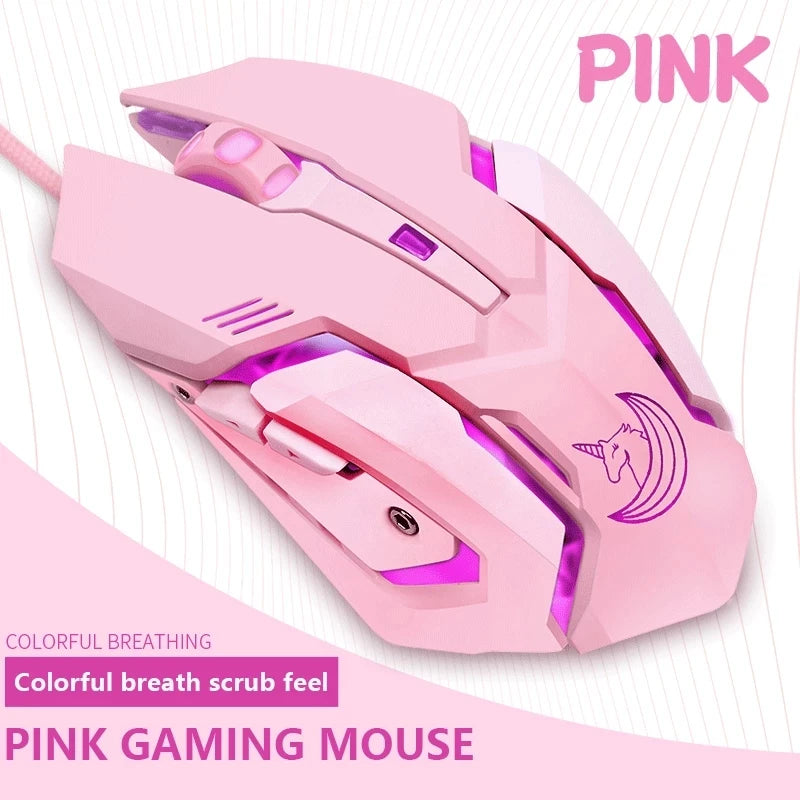 Pink gaming mouse with LED lighting and unicorn design. Features bold text: "Colorful breathing, colorful breath scrub feel, pink gaming mouse" on a wavy background.