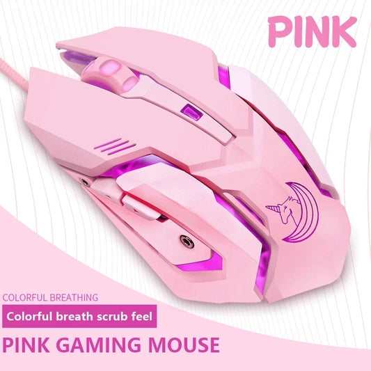 Pink gaming mouse with LED lighting and unicorn design. Features bold text: "Colorful breathing, colorful breath scrub feel, pink gaming mouse" on a wavy background.