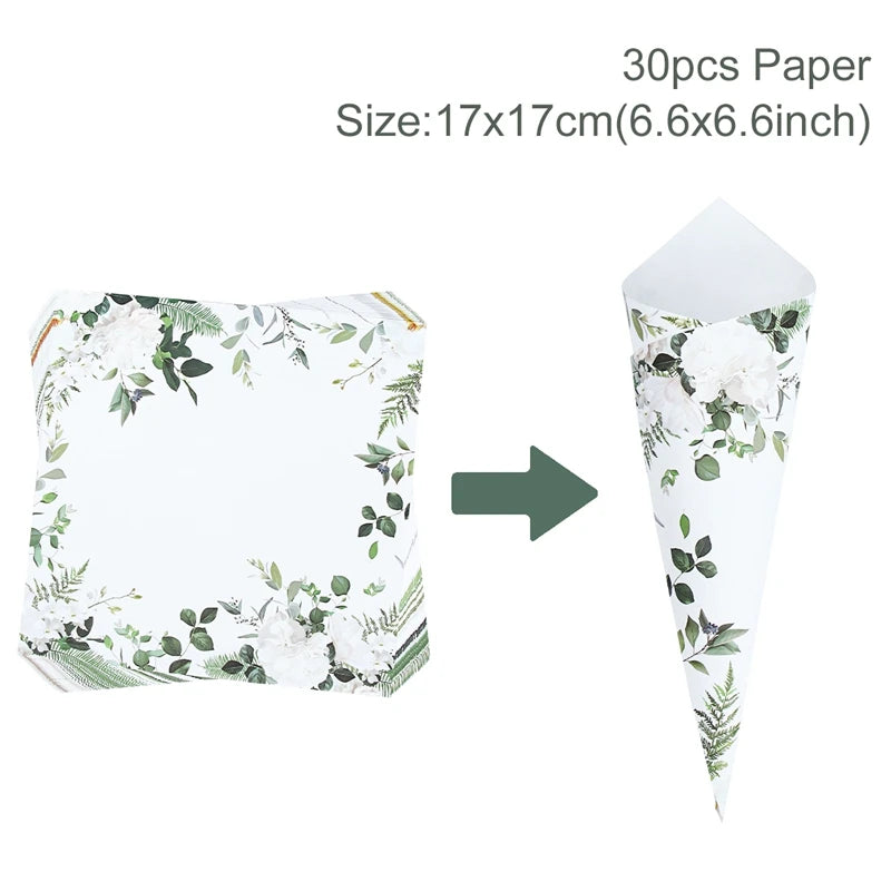 Floral-patterned paper, size 17x17cm (6.6x6.6 inches), shown flat and folded into a cone. Decorated with green leaves and white flowers. Includes 30 sheets.