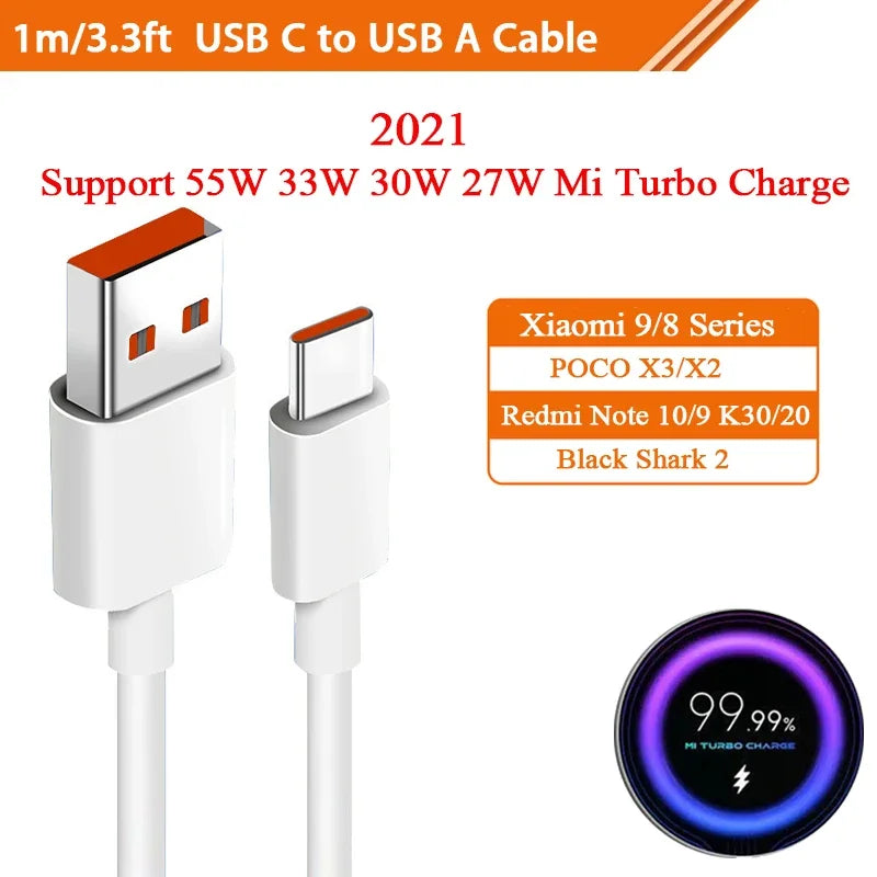 USB C to USB A cable, 1m/3.3ft, compatible with Xiaomi, POCO, and Redmi models. Supports 55W Mi Turbo Charging. Circular graphic shows charging progress at 99.99%.