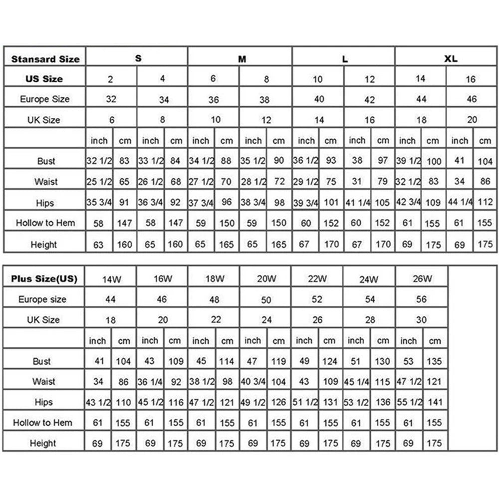 Size chart for standard and plus sizes, including US, Europe, and UK sizes. Measurements in inches and cm for bust, waist, hips, hollow to hem, and height.