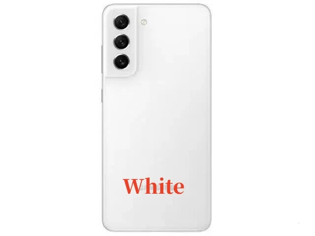 White smartphone with three vertically aligned rear cameras and a flash on the back. The word "White" is printed in red at the bottom of the phone.