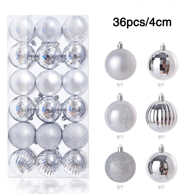 A set of 36 silver Christmas ornaments, each 4cm. Includes matte, shiny, glitter, and textured surfaces. Layout displays six styles, with six pieces of each type.