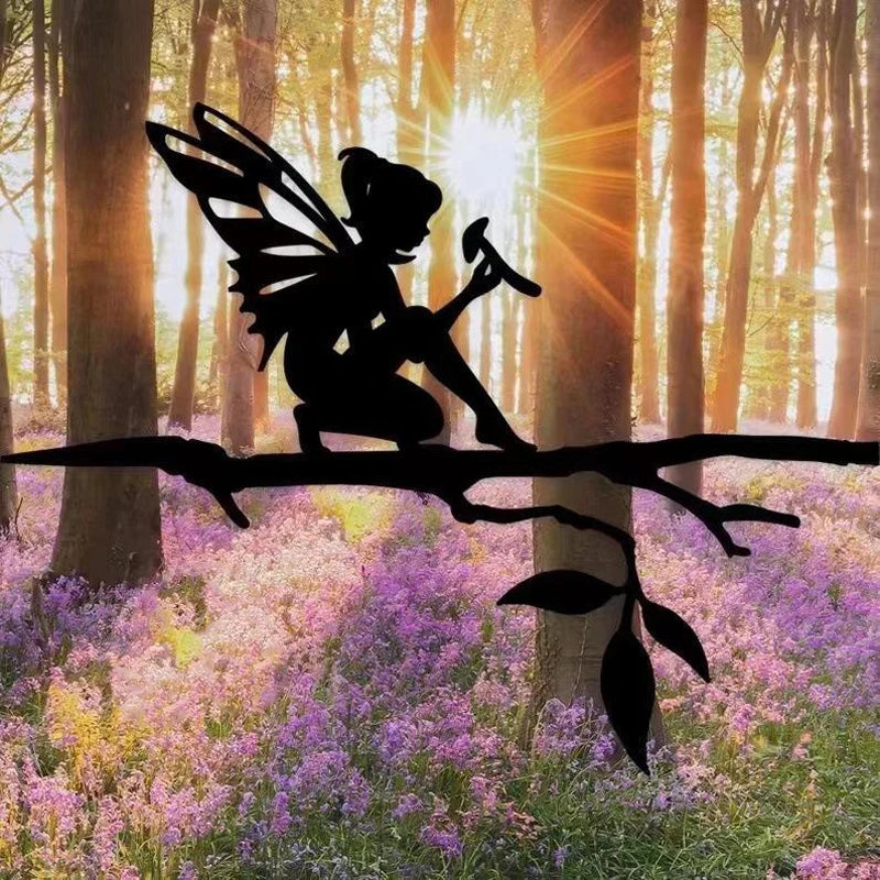 Silhouette of a fairy on a branch against a sunlit forest backdrop, surrounded by vibrant purple and pink flowers, creating a whimsical and enchanting scene.