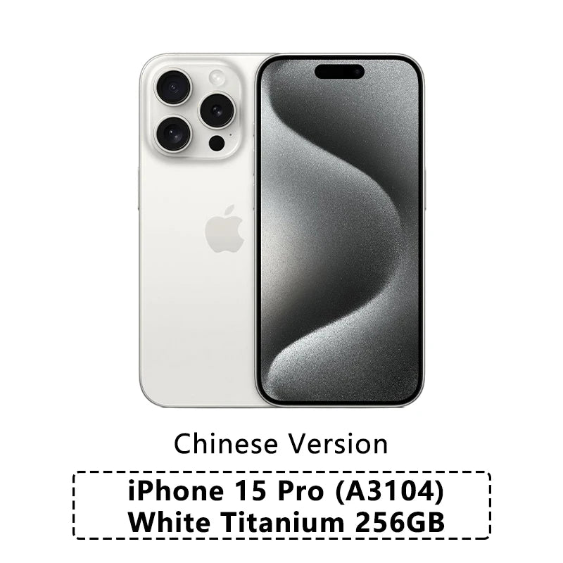 Front and back view of a Chinese version iPhone 15 Pro in white titanium with 256GB storage, featuring a sleek design with a triple camera setup. Model A3104.