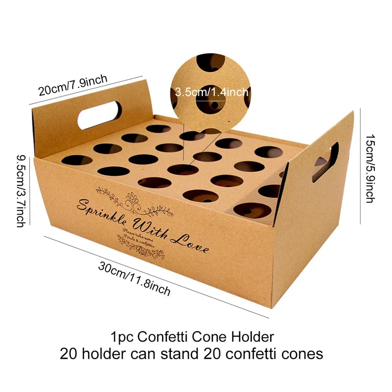 Brown cardboard confetti cone holder with 20 holes, labeled "Sprinkle With Love." Dimensions are 30cm x 20cm x 15cm. Each hole measures 3.5cm in diameter.