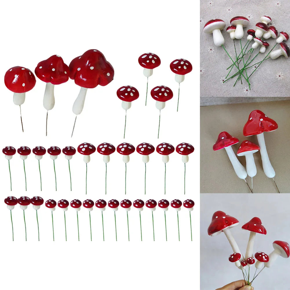 Red and white decorative mushroom picks in various sizes, arranged in rows. The right side shows close-ups of the mushrooms with green stems, displayed on different surfaces.