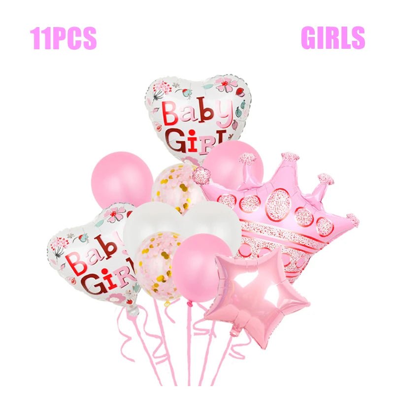 A bundle of 11 pink-themed balloons featuring hearts with "Baby Girl" text, a star, polka dots, and a crown. Perfect for a baby girl's celebration or party decor.