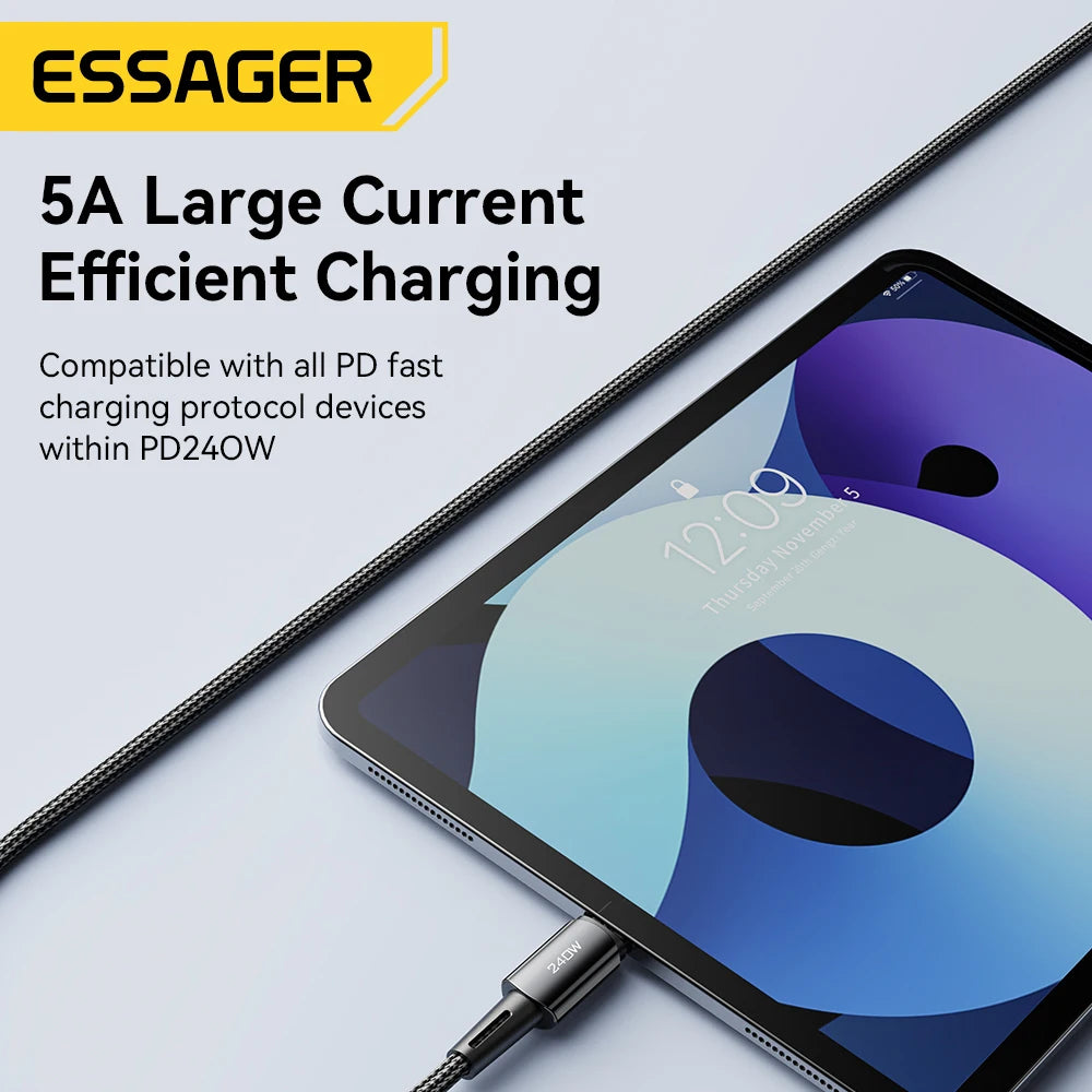 Tablet connected to a charging cable displaying "5A Large Current Efficient Charging" and "Compatible with all PD fast charging protocol devices within PD240W."