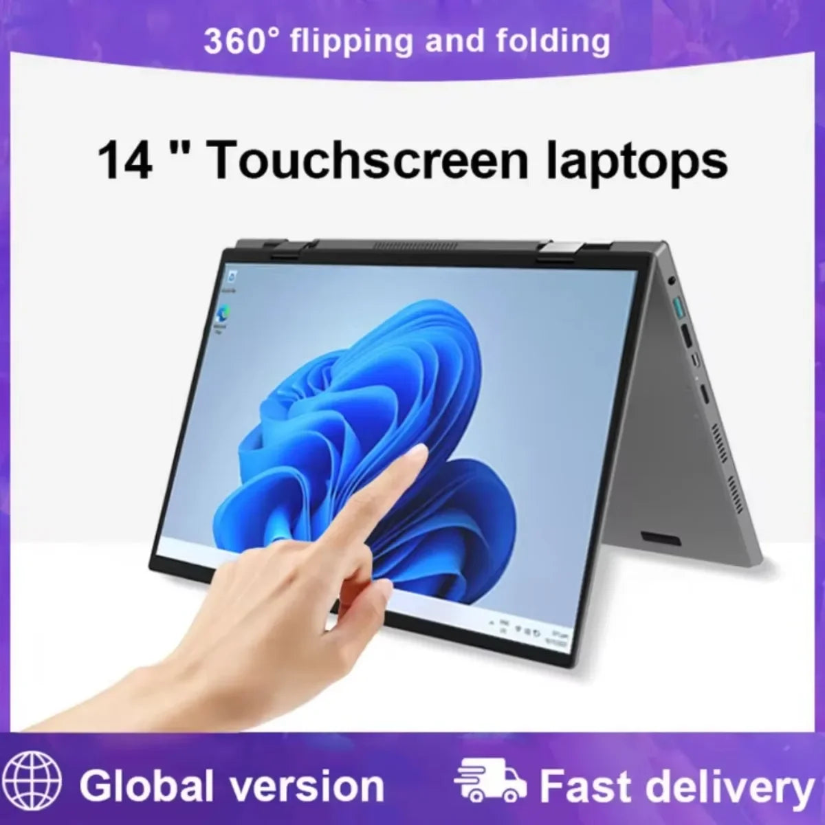 14-inch touchscreen laptop in tent mode with a finger touching the screen displaying blue swirls. Includes text: "360° flipping and folding," "Global version," and "Fast delivery."