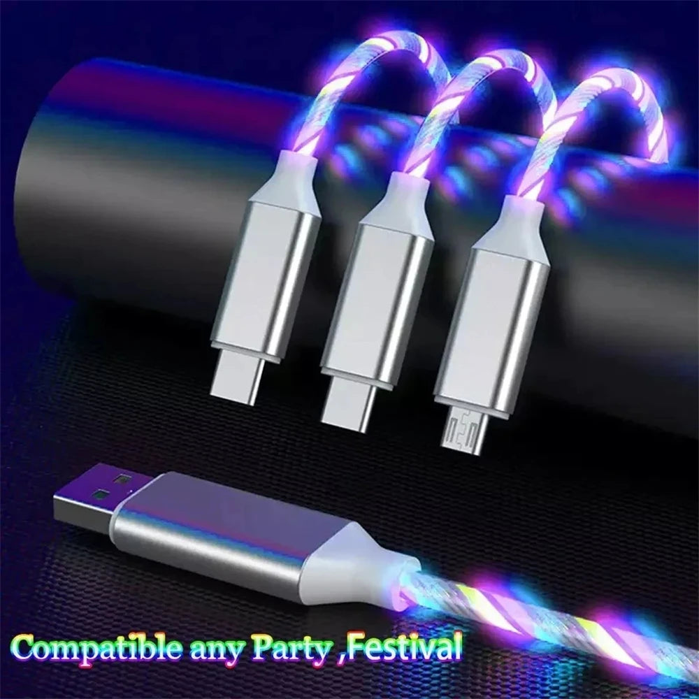 Glowing USB cable with three connector types, featuring vibrant, swirling LED lights. The text reads "Compatible any Party, Festival," suggesting festive use.