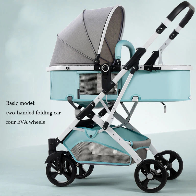 A light blue and gray baby stroller with a canopy and mesh basket underneath. It features a two-handed folding mechanism and four EVA wheels, shown against a light background.