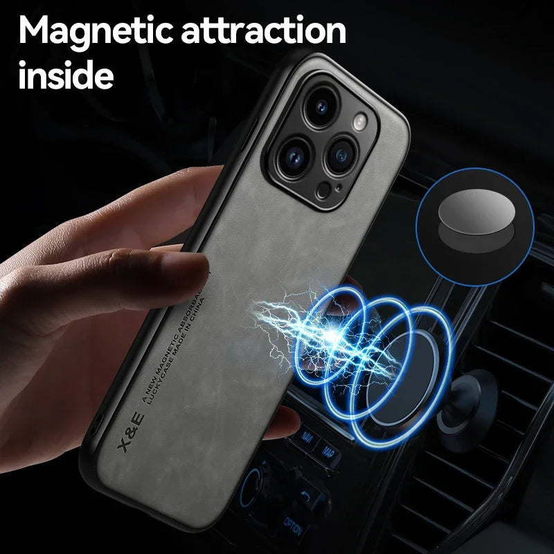 A hand holding a smartphone with a leather case, showcasing magnetic attraction with blue energy rings, against a car's interior background. Text reads "Magnetic attraction inside."