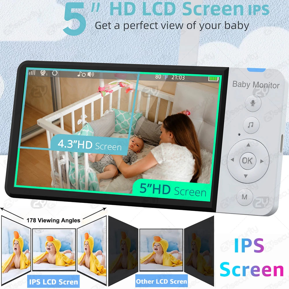 Baby monitor with a 5-inch HD LCD screen showing a mother and baby in a crib. Marketing text highlights IPS screen features, wide viewing angles, and image comparison.