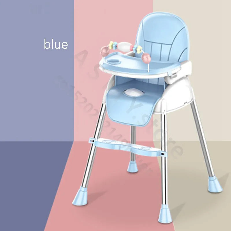 Blue high chair with rounded back and detachable tray featuring star decorations. The chair has a footrest and sturdy metal legs on a pastel tri-color background.