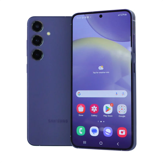 Modern smartphone in purple, featuring a front view with a colorful display and app icons, and a rear view highlighting three camera lenses and a flash on the upper left corner.