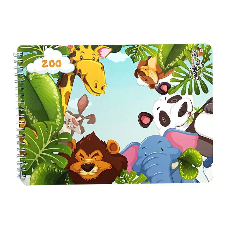 Cartoon animals including a giraffe, kangaroo, lion, elephant, monkey, and panda peeking from behind jungle leaves with a "Zoo" sign. Bright, playful design on a spiral notebook cover.