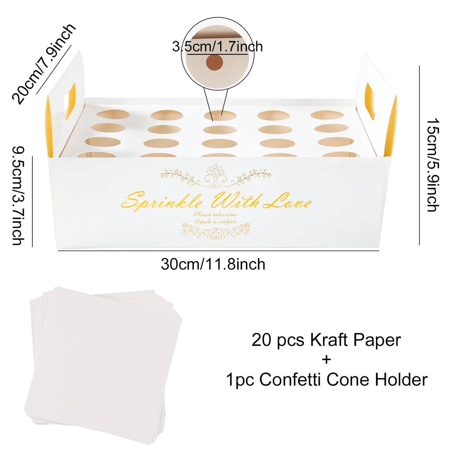 White confetti cone holder with "Sprinkle With Love" text, featuring 20 circular slots. Includes 20 pieces of kraft paper. Dimensions are 30cm x 20cm x 15cm.