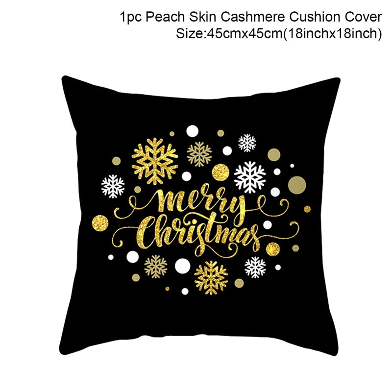 Black cushion cover with gold "Merry Christmas" text, surrounded by gold and white snowflakes and dots. Size: 45cm x 45cm.