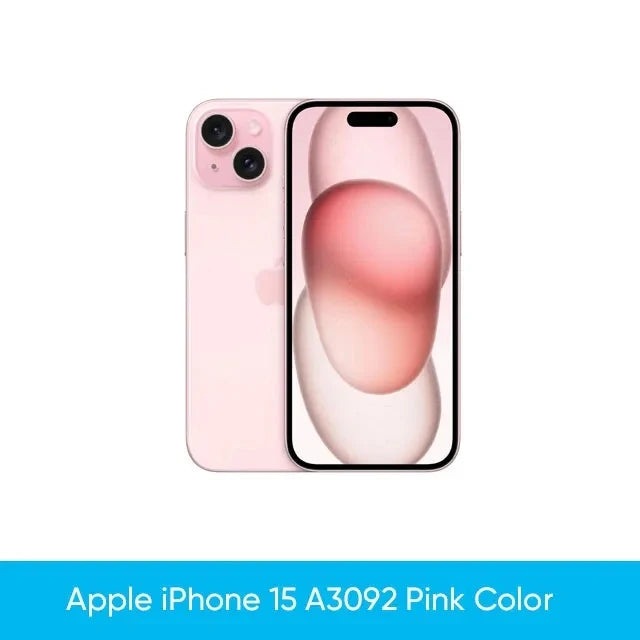 Pink iPhone 15 A3092 displayed with front and back views, featuring dual cameras on the rear. A minimalist abstract design is shown on the screen.
