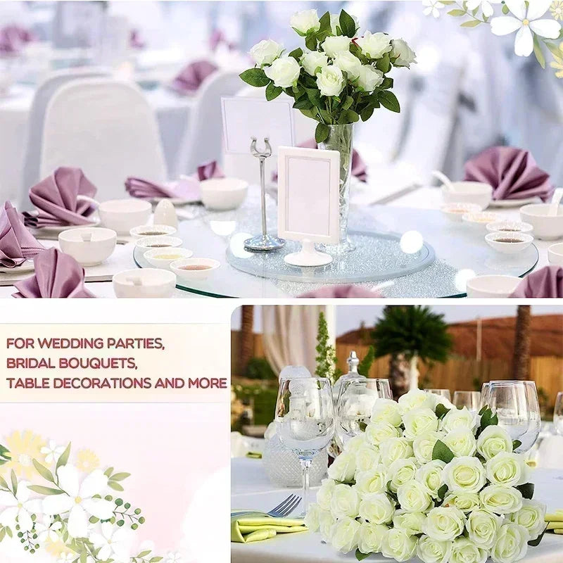 Elegant table setup with white roses in a vase, purple napkins, and white dishes. Text reads "For wedding parties, bridal bouquets, table decorations and more."