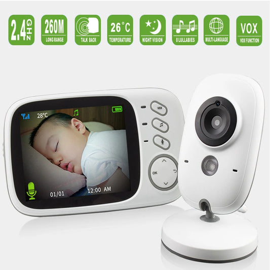 A baby monitor set showing a sleeping baby on the screen. Features include 2.4GHz, 260m range, talk back, 26°C display, night vision, 8 lullabies, multilingual, and VOX function.