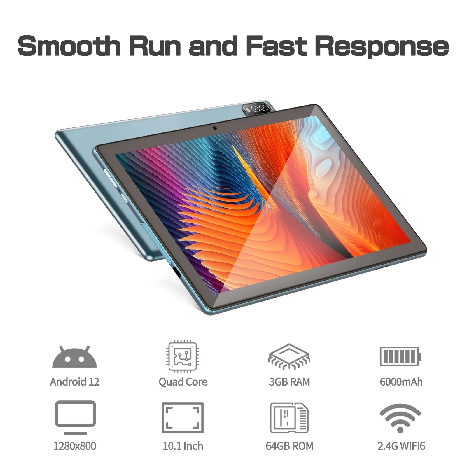 Tablet with colorful display and features listed: Android 12, Quad Core, 3GB RAM, 6000mAh battery, 1280x800 resolution, 10.1 inch screen, 64GB ROM, 2.4G WIFI6.