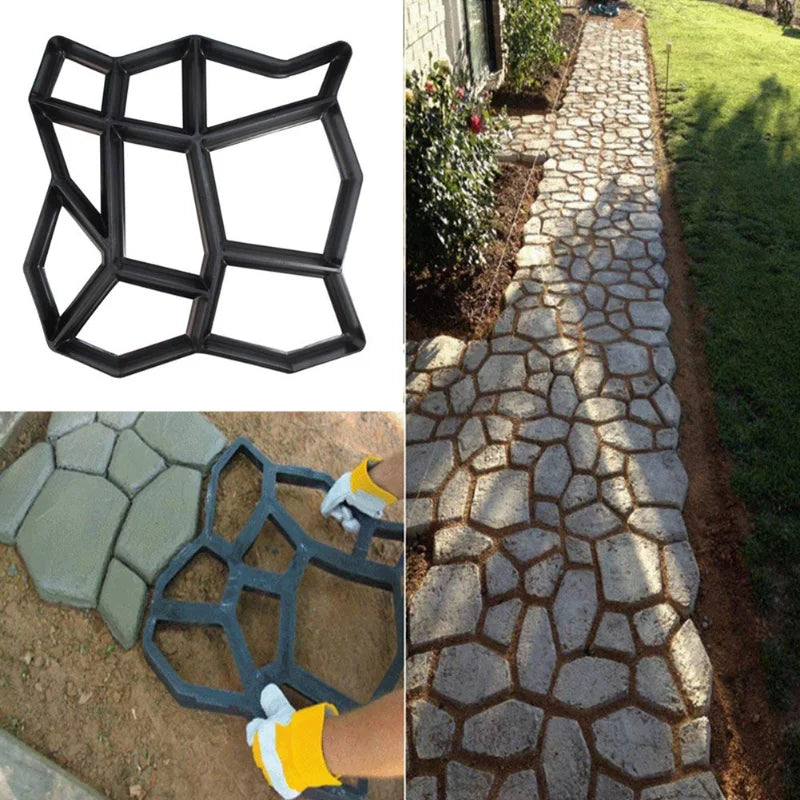 Mold for creating stone-patterned walkways. Left: black geometric mold in use with gray cement. Right: completed path with interlocking stone shapes.