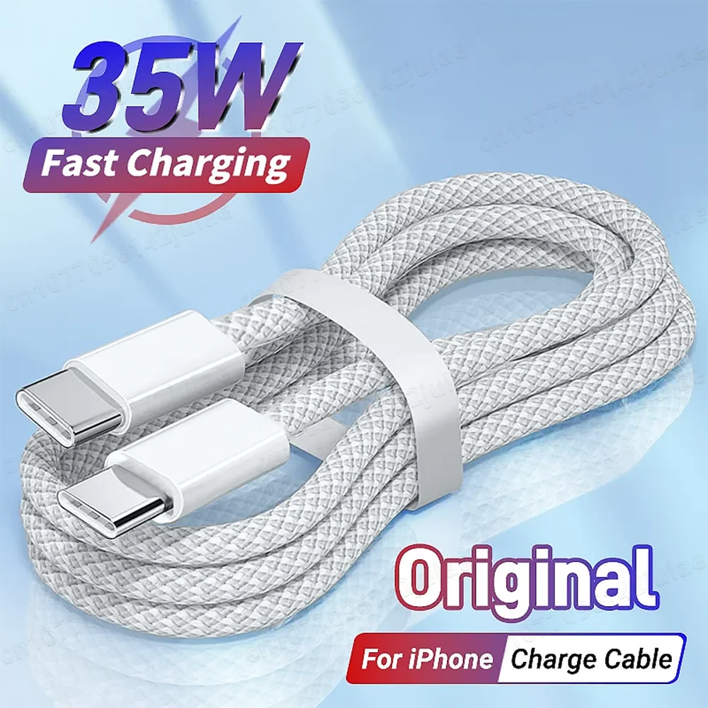 White braided USB-C to USB-C cable for fast charging, labeled as "35W Fast Charging" and "Original for iPhone Charge Cable," displayed on a blue background.