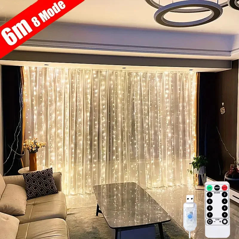Cozy living room with fairy lights hanging over sheer curtains, a sofa with patterned cushions, and a modern table. Remote and USB connector for 6m, 8-mode light control shown.