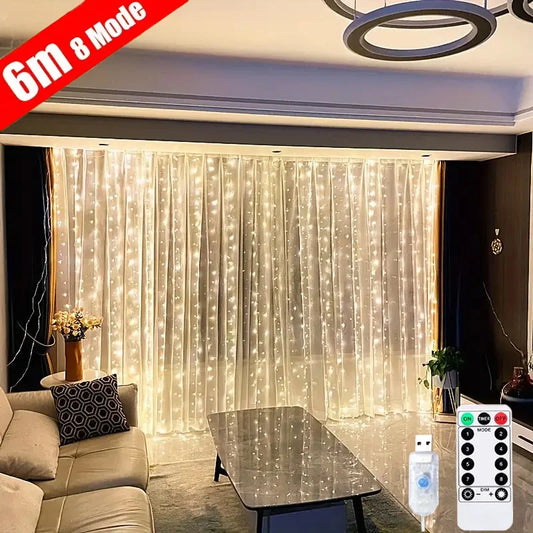 Cozy living room with fairy lights hanging over sheer curtains, a sofa with patterned cushions, and a modern table. Remote and USB connector for 6m, 8-mode light control shown.