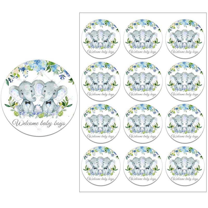 Stickers featuring three cute elephants surrounded by blue flowers and greenery, with the text "Welcome baby boys." Twelve stickers are visible on the sheet.